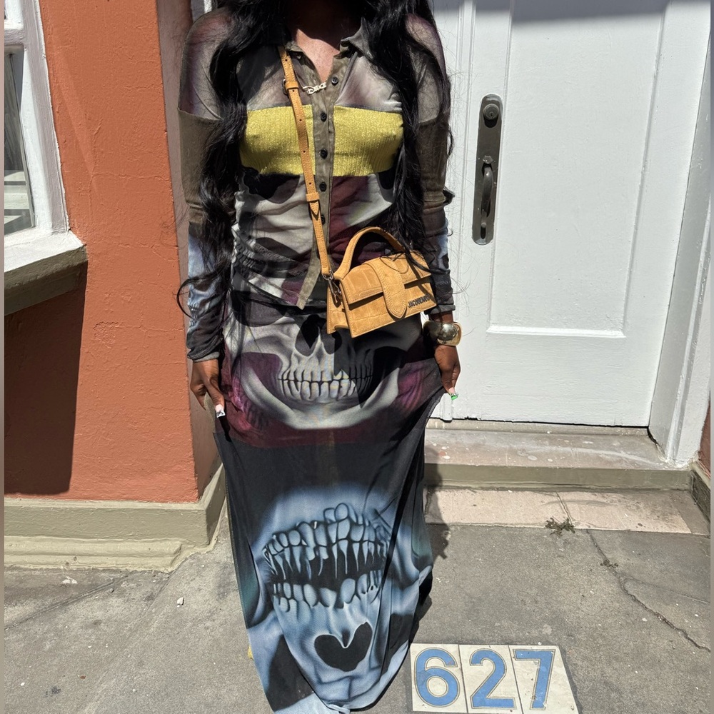 Edgy Skull Print Long Sleeve Maxi Dress